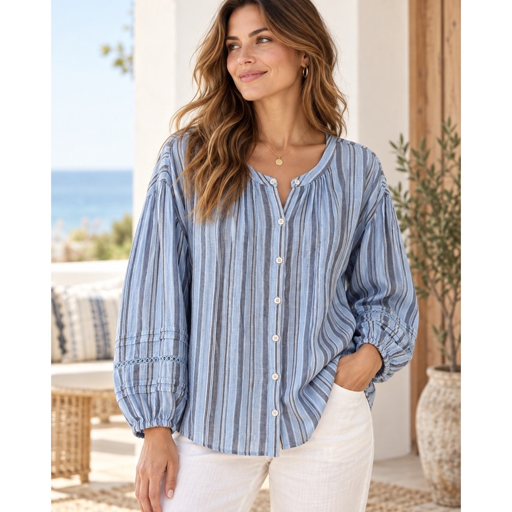 Lucky Brand XL Blue Stripe Button Front Blouse Boho Balloon Sleeve Coastal